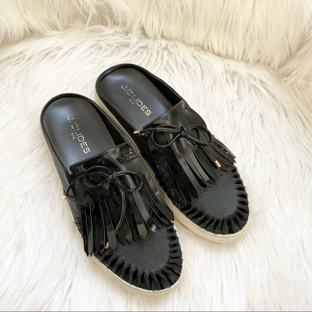 J/Slides Black Leather Amora Fringe Mules 7